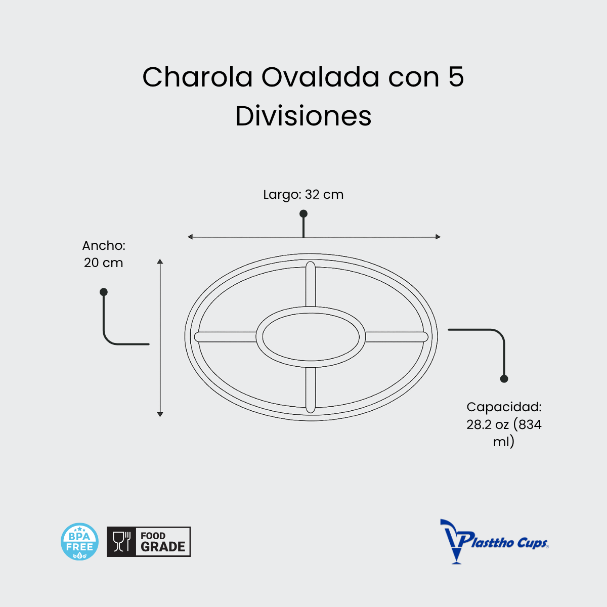 Charola Ovalada con 5 Divisiones